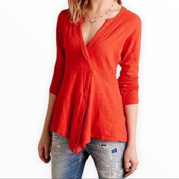 Anthropologie Left of Center Blood Orange Faux Wrap Slub Draped Hem Top - Sz M - Picture 3 of 16